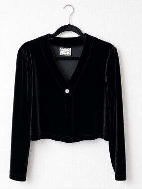 Vintage 90s Dressing Clio Black Velvet Cropped Cardigan Made USA Minimalist M